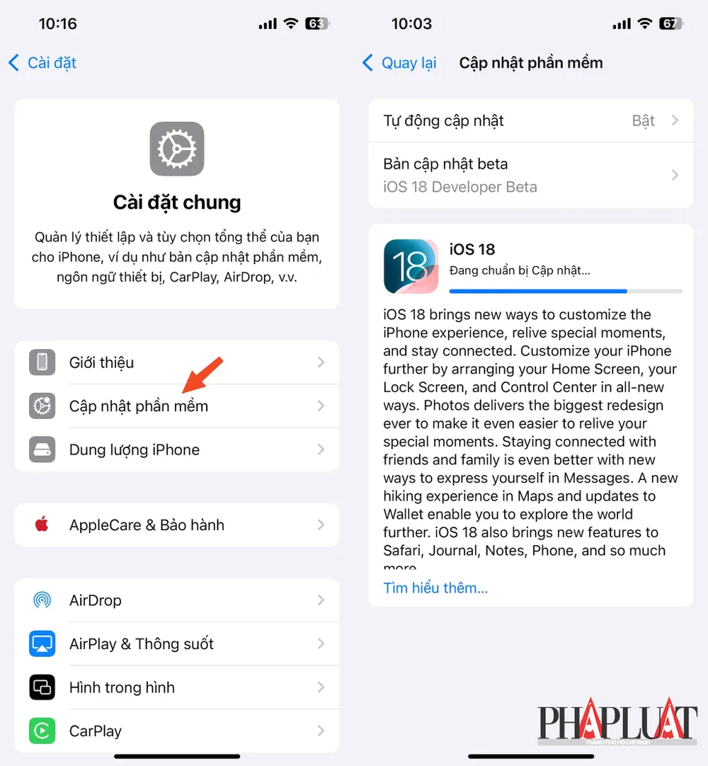 iOS 18 hiện đã có sẵn để người dùng tải về và trải nghiệm trước. Ảnh: MINH HOÀNG iOS 18 hiện đã có sẵn để người dùng tải về và trải nghiệm trước. Ảnh: MINH HOÀNG
