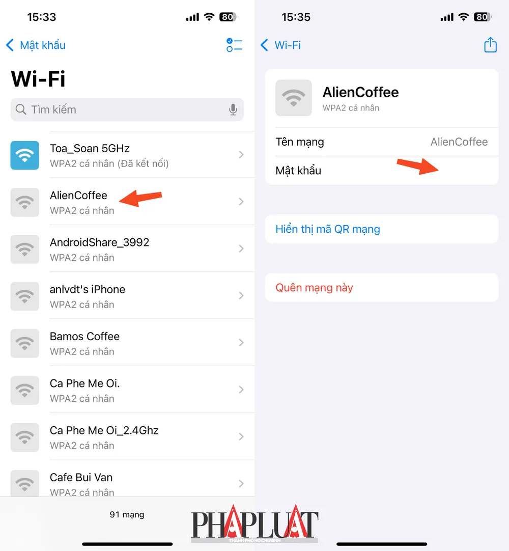Cách xem lại toàn bộ mật khẩu WiFi trên iOS 18. Ảnh: MINH HOÀNG Cách xem lại toàn bộ mật khẩu WiFi trên iOS 18. Ảnh: MINH HOÀNG