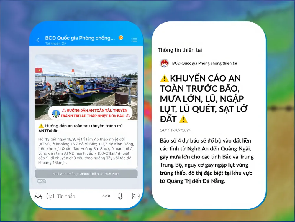 Nhiều thông tin cảnh báo về bão số 4 được gửi qua Zalo, giúp người dân tiếp cận thông tin nhanh hơn. Nhiều thông tin cảnh báo về bão số 4 được gửi qua Zalo, giúp người dân tiếp cận thông tin nhanh hơn.