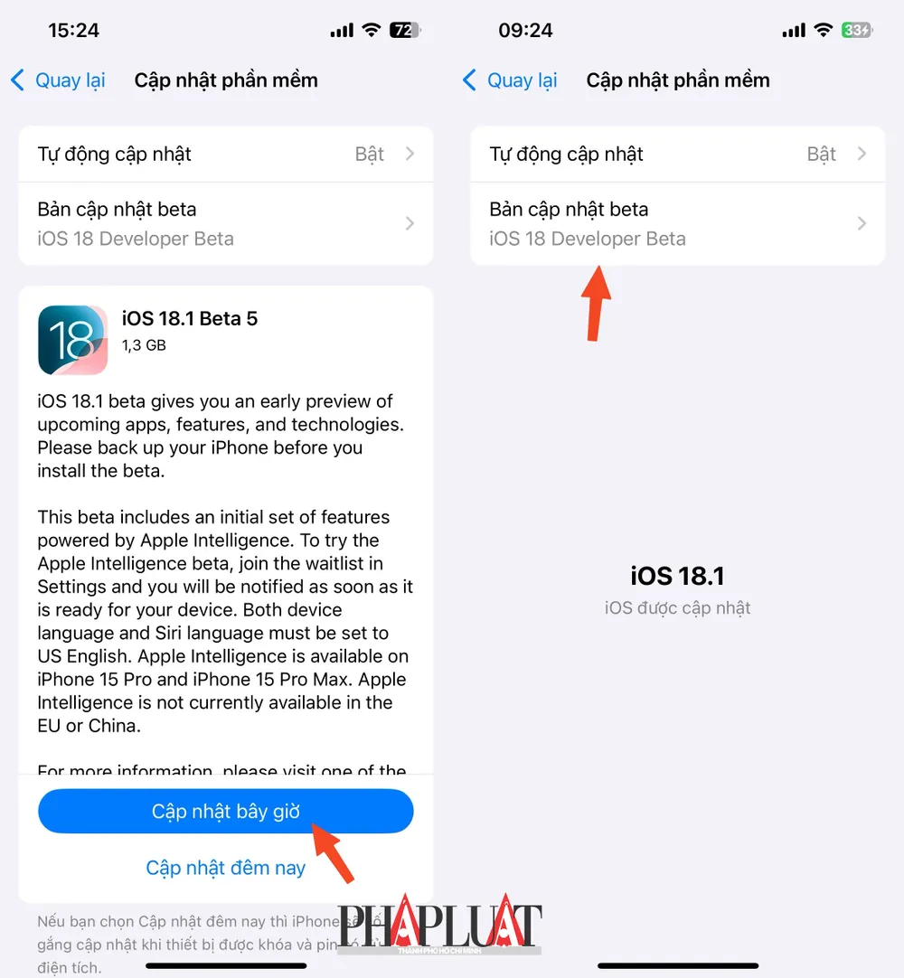 Cách cài đặt bản cập nhật iOS 18.1 beta 5. Ảnh: MINH HOÀNG Cách cài đặt bản cập nhật iOS 18.1 beta 5. Ảnh: MINH HOÀNG