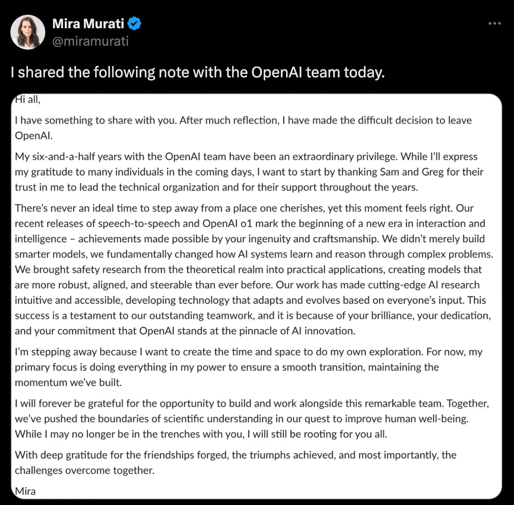 Tin công nghệ 26-9: Giám đốc công nghệ OpenAI Mira Murati từ chức. Ảnh chụp màn hình
