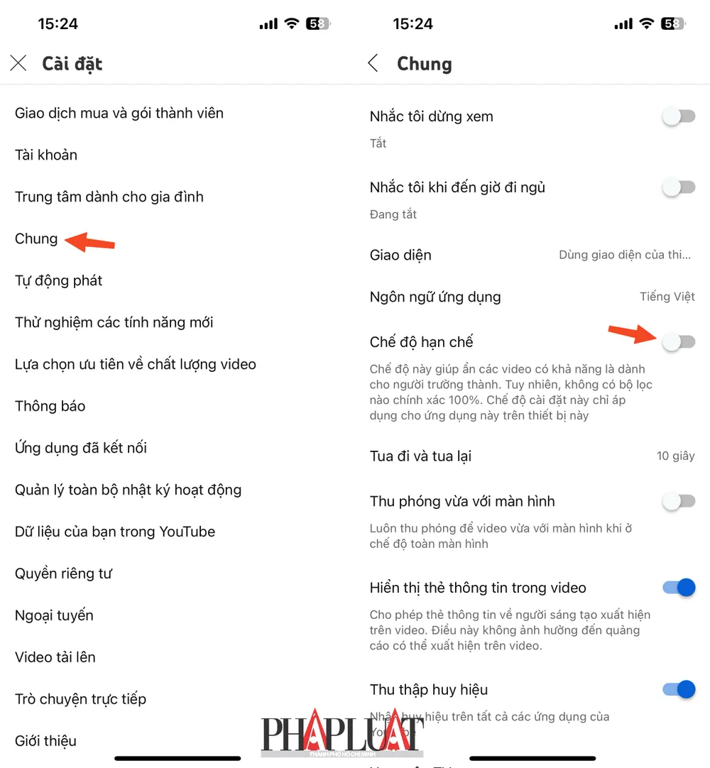 Bật chế độ hạn chế trên ứng dụng YouTube của con trẻ. Ảnh: MINH HOÀNG