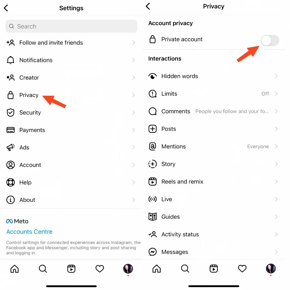 Bật tùy chọn tài khoản riêng tư trên Instagram.