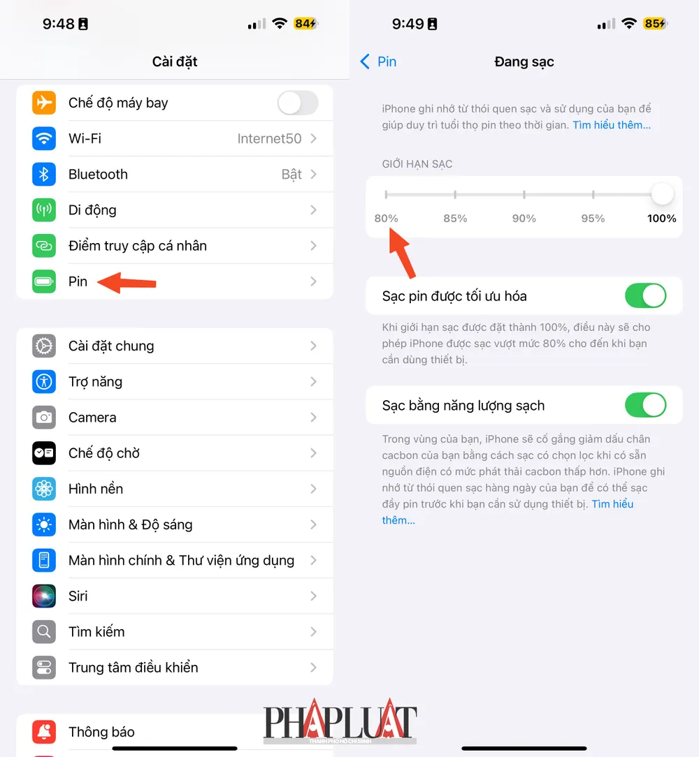 Cách giới hạn mức sạc pin trên iOS 18. Ảnh: TIỂU MINH