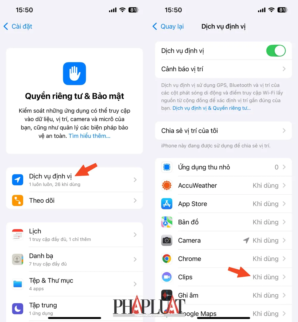 Kiểm soát quyền truy cập dữ liệu vị trí của các ứng dụng trên iPhone. Ảnh: TIỂU MINH
