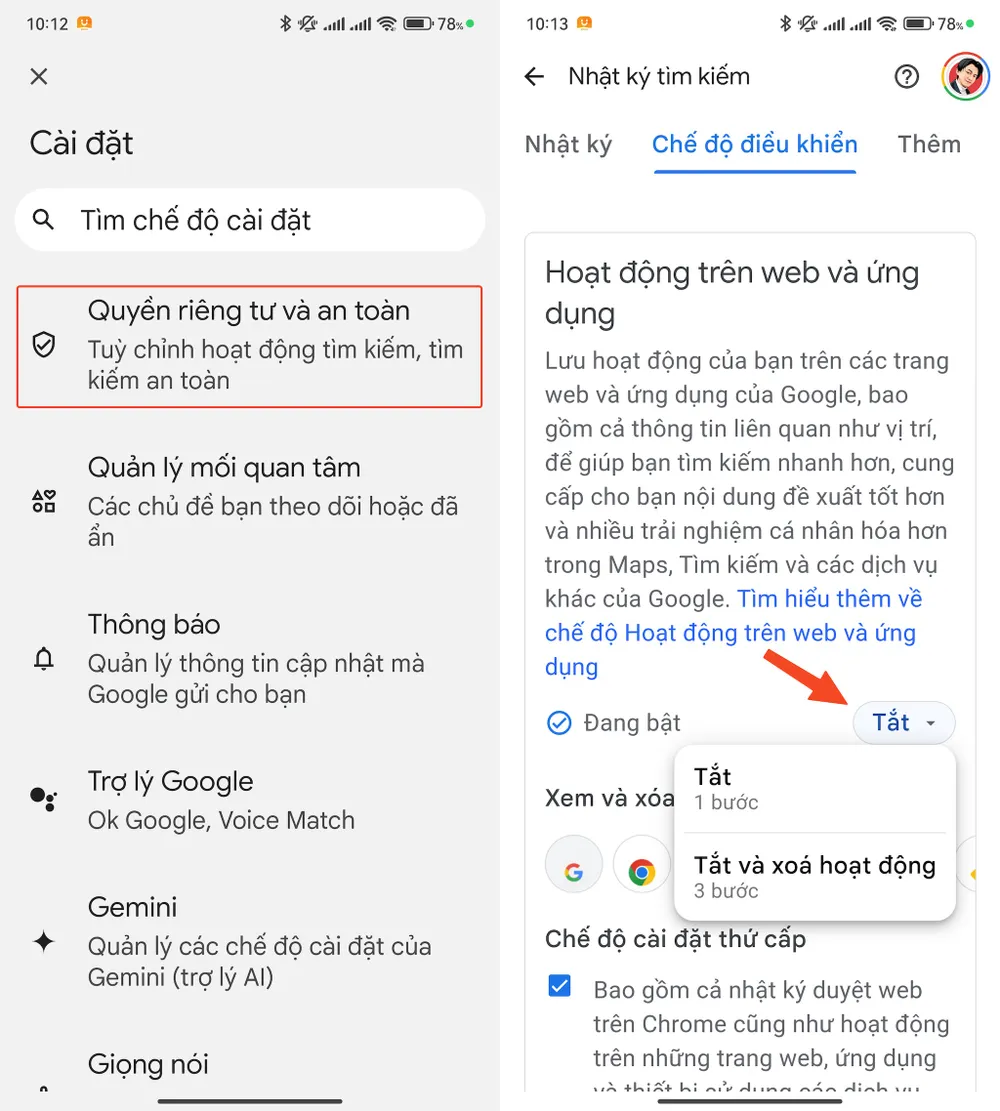 Tắt tính năng lưu trữ hoạt động web và ứng dụng. Ảnh: MINH HOÀNG