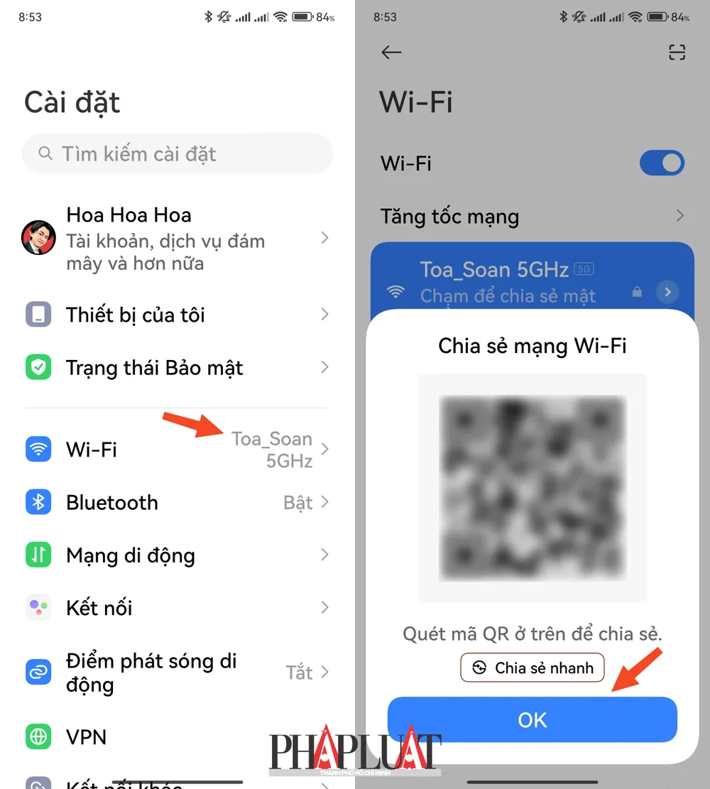 Chia sẻ mật khẩu WiFi qua mã QR. Ảnh: MINH HOÀNG