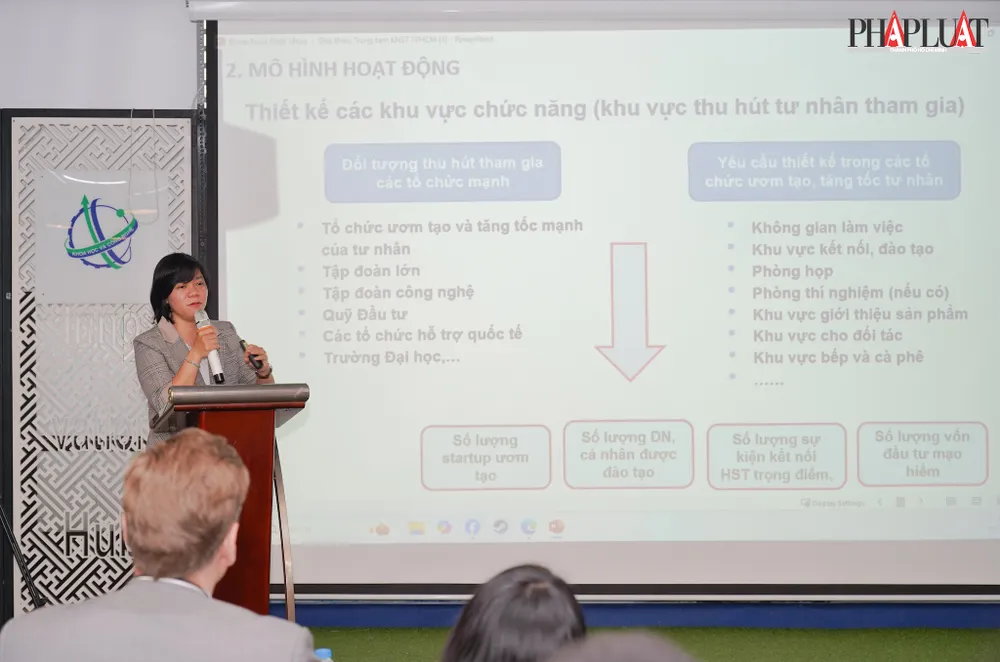 Bà Phan Thị Quý Trúc, Phó phòng quản lý công nghệ và thị trường công nghệ (Sở KHCN TP.HCM) giới thiệu về mô hình vận hành, cơ chế hoạt động của Trung tâm Khởi nghiệp sáng tạo TP.HCM. Ảnh: MINH HOÀNG