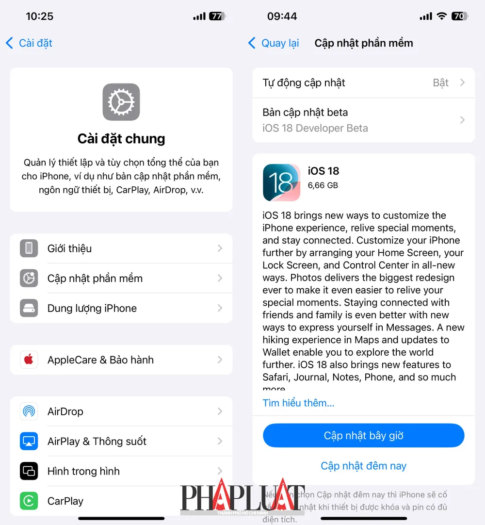 Cần khoảng 20 GB dung lượng trống để cập nhật iOS 18 trên iPhone. Ảnh: TIỂU MINH Cần khoảng 20 GB dung lượng trống để cập nhật iOS 18 trên iPhone. Ảnh: TIỂU MINH