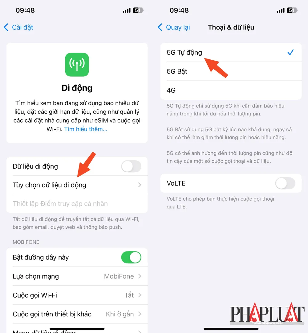 Cách bật kết nối 5G trên iPhone. Ảnh: MINH HOÀNG