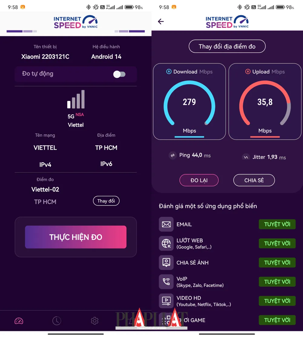 Kiểm tra tốc độ 5G Viettel tại khu vực quận Tân Bình, TP.HCM bằng ứng dụng i-Speed (VNNIC). Ảnh: MINH HOÀNG