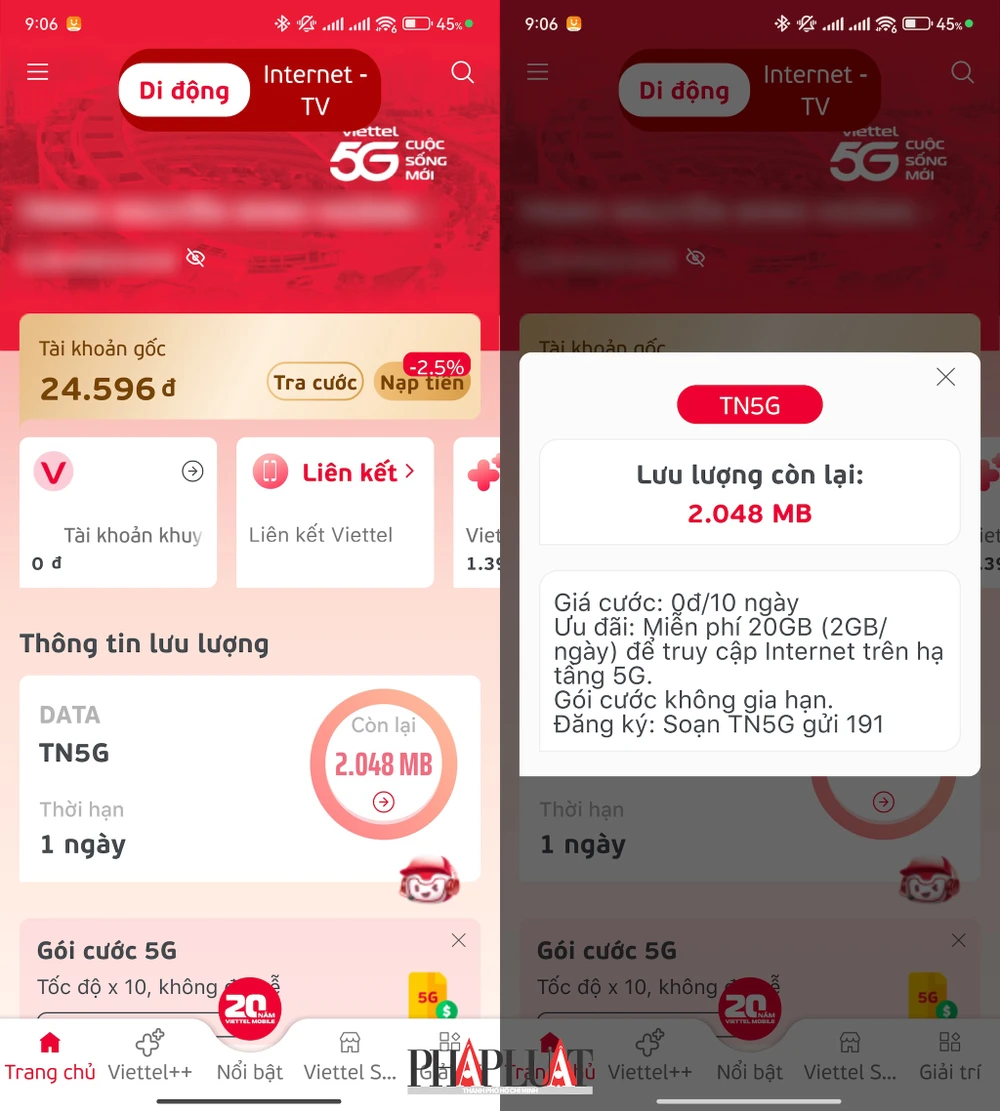 Cách kiểm tra dung lượng 5G Viettel còn lại trên ứng dụng My Viettel. Ảnh: MINH HOÀNG