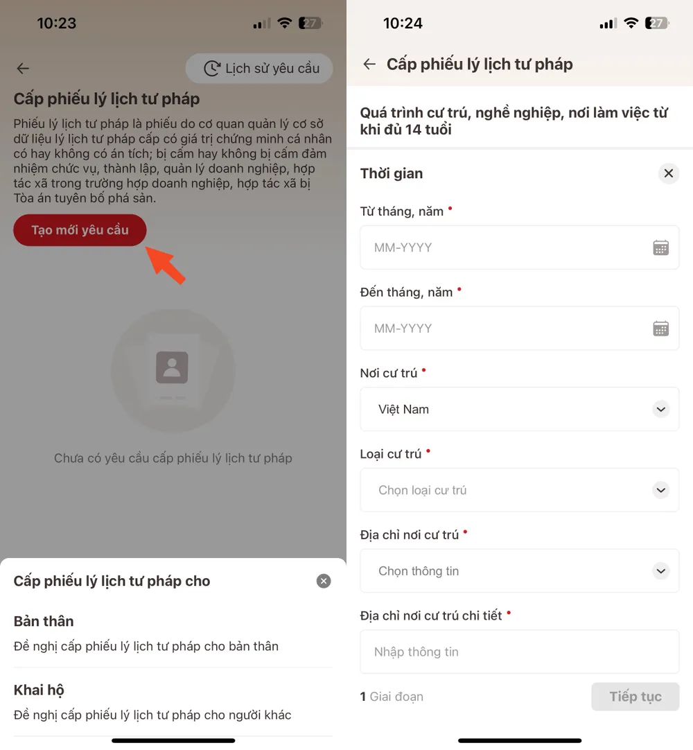 Đề nghị cấp phiếu lý lịch tư pháp trên ứng dụng VNeID. Ảnh: MINH HOÀNG