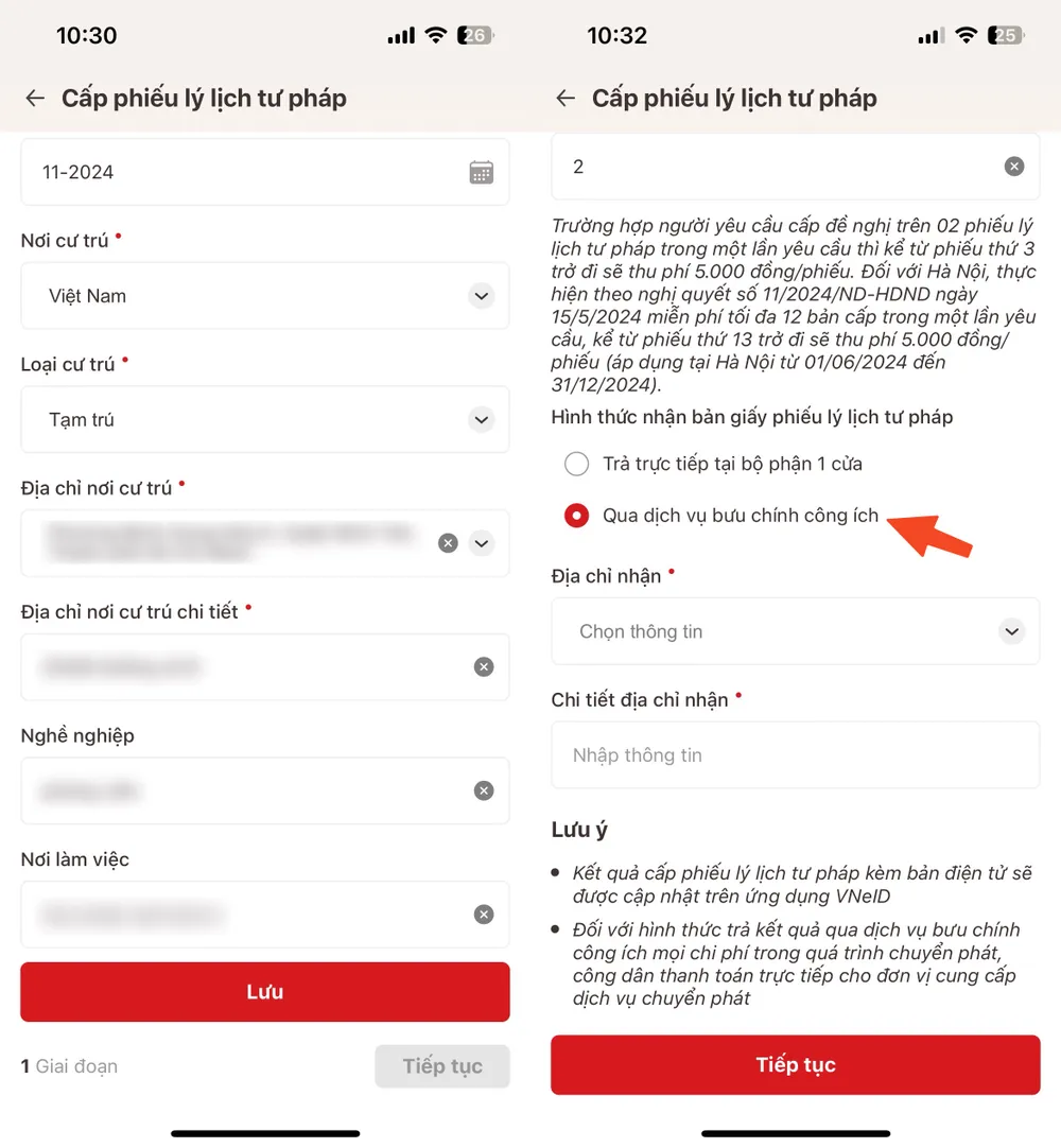 Điền thông tin và đăng ký nhận phiếu lý lịch tư pháp thông qua bưu điện. Ảnh: MINH HOÀNG