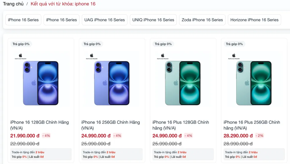 Hiện tại iPhone 16 series đang được bán tại Việt Nam với giá 21,9 triệu đồng cho phiên bản 128 GB. Ảnh: TIỂU MINH