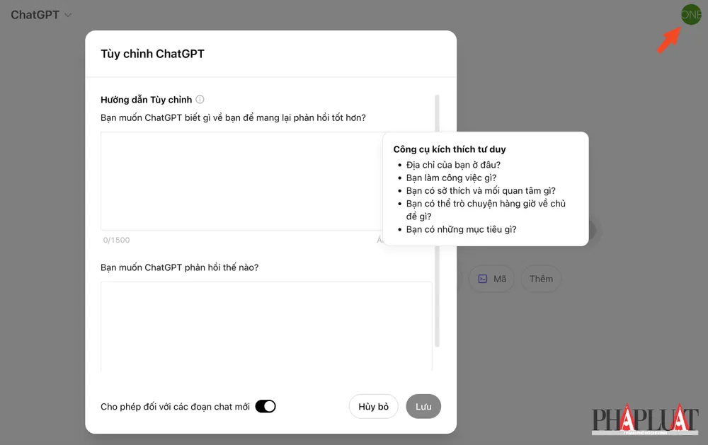 Cài đặt tùy chỉnh ChatGPT cho phù hợp với phong cách cá nhân. Ảnh: TIỂU MINH