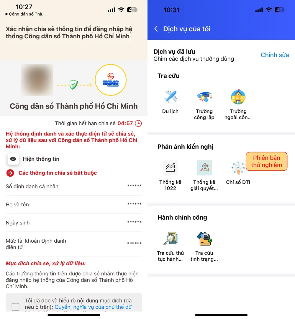 Đăng nhập ứng dụng Công dân số TP.HCM bằng tài khoản VNeID. Ảnh: MINH HOÀNG