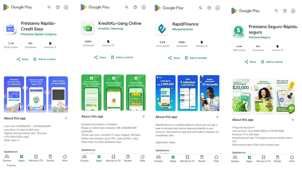 Các ứng dụng cho vay độc hại trên Google Play. Ảnh: McAfee