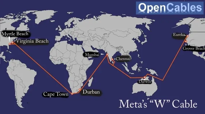 Đường đi dự kiến của tuyến cáp quang biển mới của Meta. Ảnh: OpenCables Đường đi dự kiến của tuyến cáp quang biển mới của Meta. Ảnh: OpenCables
