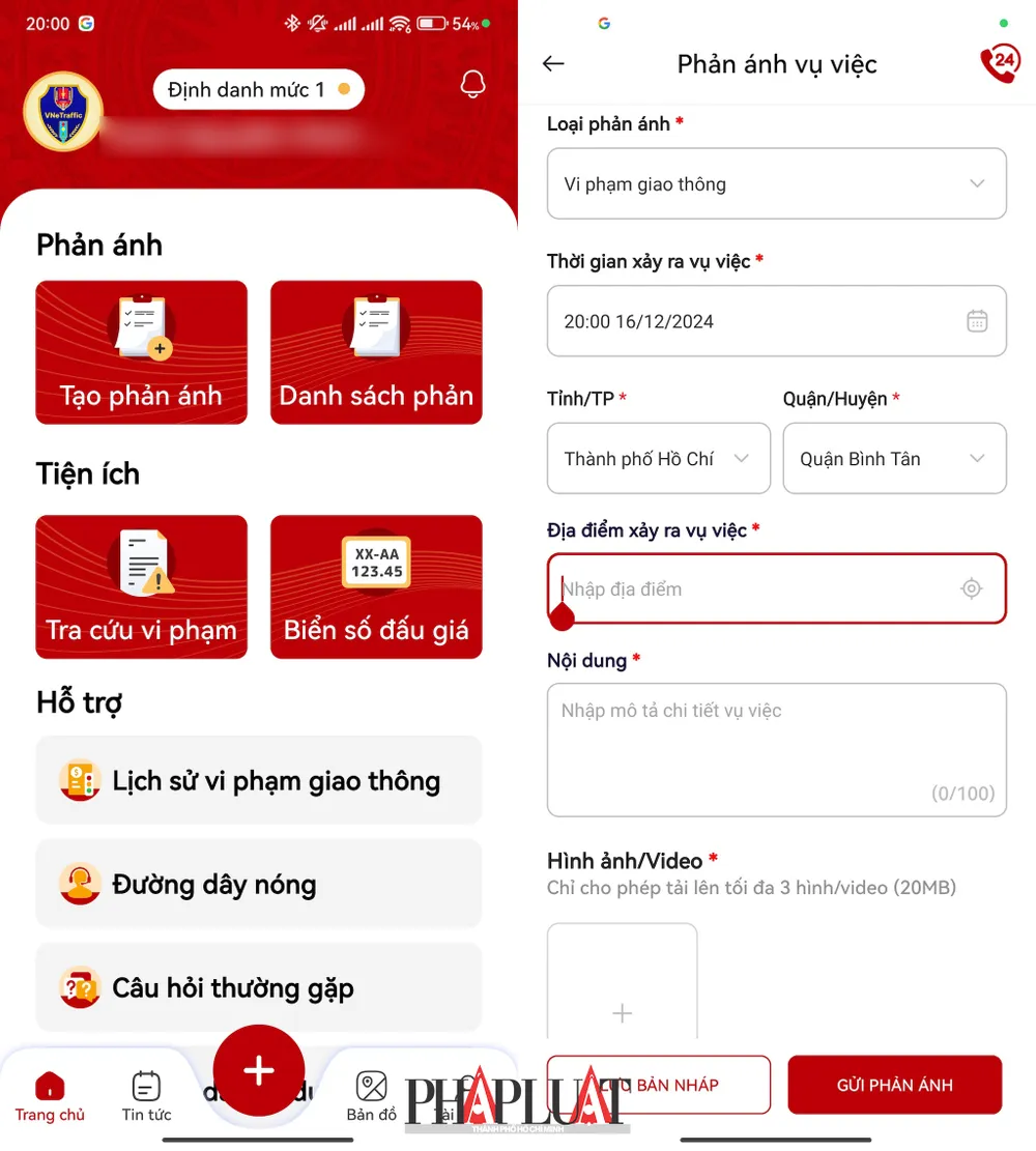 Gửi phản ánh vi phạm giao thông thông qua ứng dụng VNeTraffic. Ảnh: TIỂU MINH