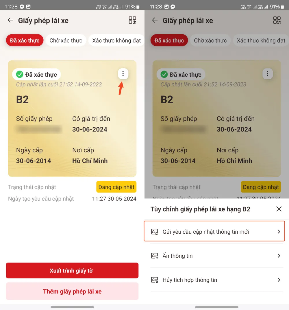 Cách cập nhật thông tin GPLX mới trên ứng dụng VNeID. Ảnh: MINH HOÀNG
