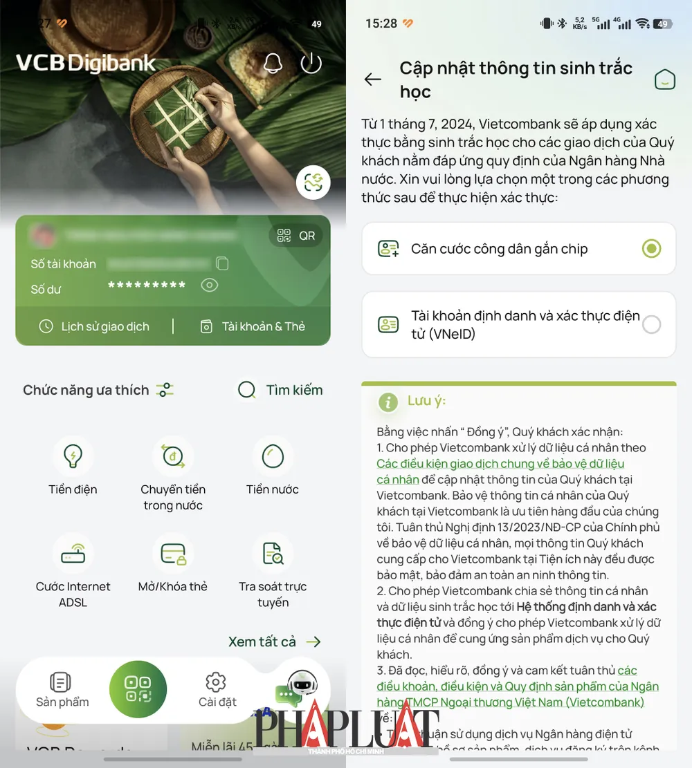 Xác thực sinh trắc học ngân hàng bằng CCCD gắn chip hoặc ứng dụng VNeID. Ảnh: MINH HOÀNG