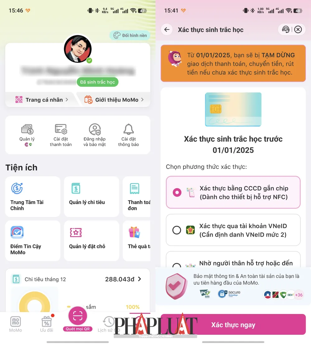 Xác thực sinh trắc học bằng ứng dụng VNeID trên các ví điện tử, ngân hàng ngay tại nhà. Ảnh: MINH HOÀNG