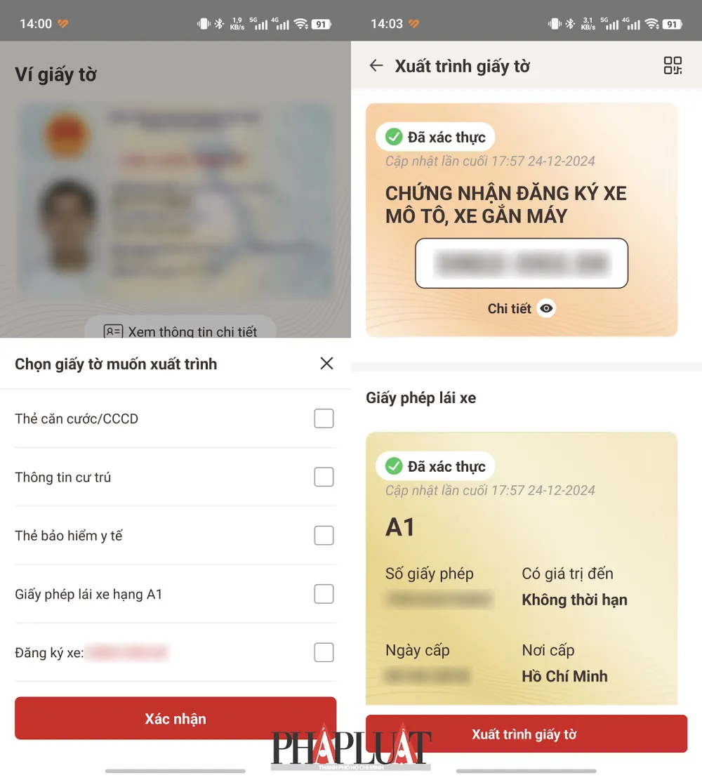 Giấy tờ đã được xác thực trên ứng dụng VNeID có giá trị tương đương giấy tờ bản giấy. Ảnh: MINH HOÀNG