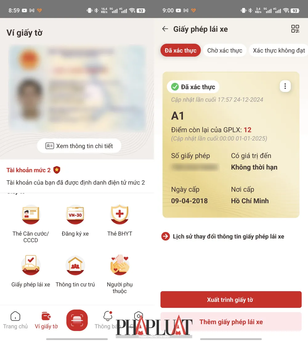 Ứng dụng VNeID hiện đã hiển thị điểm GPLX của từng người. Ảnh: MINH HOÀNG