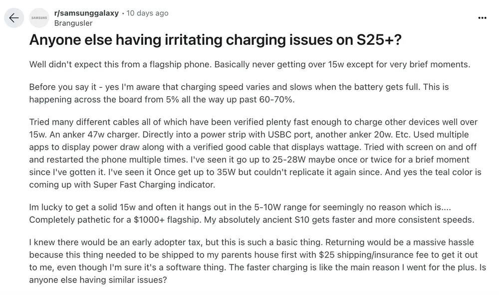Người dùng phàn nàn về vấn đề điện thoại Samsung Galaxy S25 Ultra hoặc S25+ không sạc nhanh. Ảnh chụp màn hình
