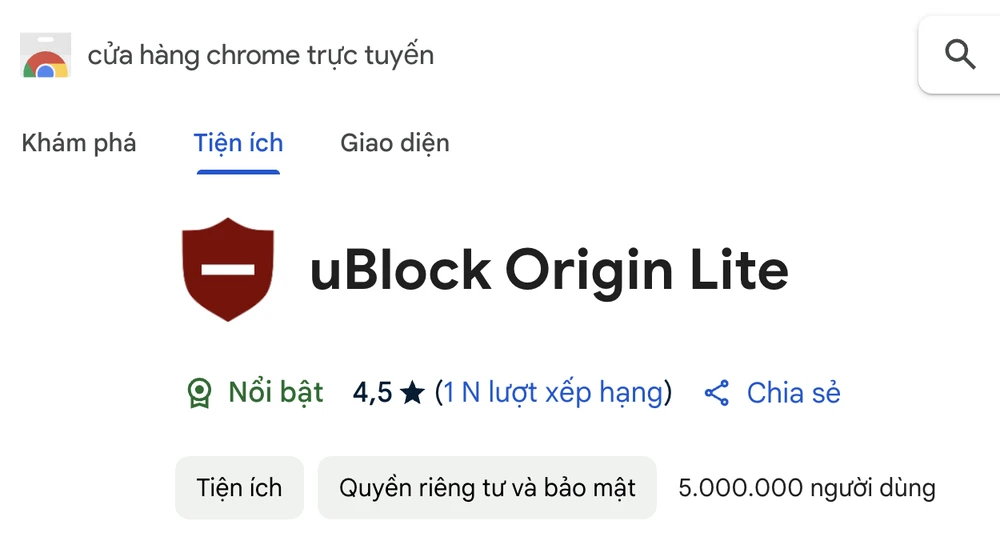 Cài đặt các tiện ích bỏ qua quảng cáo trên kho ứng dụng trình duyệt. Ảnh: TIỂU MINH Cài đặt các tiện ích chặn quảng cáo trên kho ứng dụng trình duyệt. Ảnh: TIỂU MINH