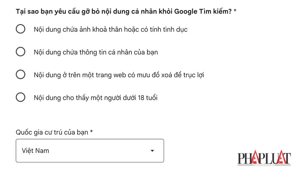 Điền biểu mẫu yêu cầu Google xóa thông tin cá nhân. Ảnh: TIỂU MINH