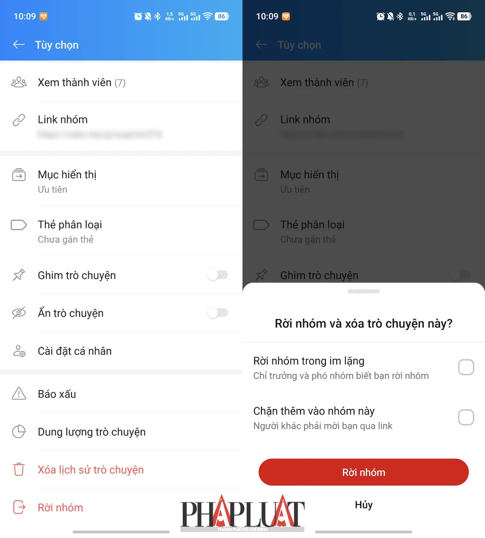 Cách rời nhóm Zalo trong im lặng và chặn người khác thêm lại vào nhóm. Ảnh: MINH HOÀNG