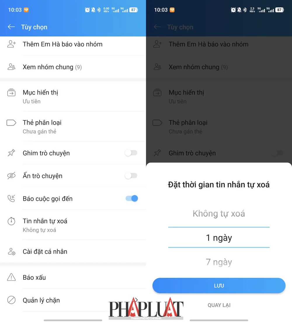 Cách bật tính năng tự xóa tin nhắn Zalo. Ảnh: MINH HOÀNG