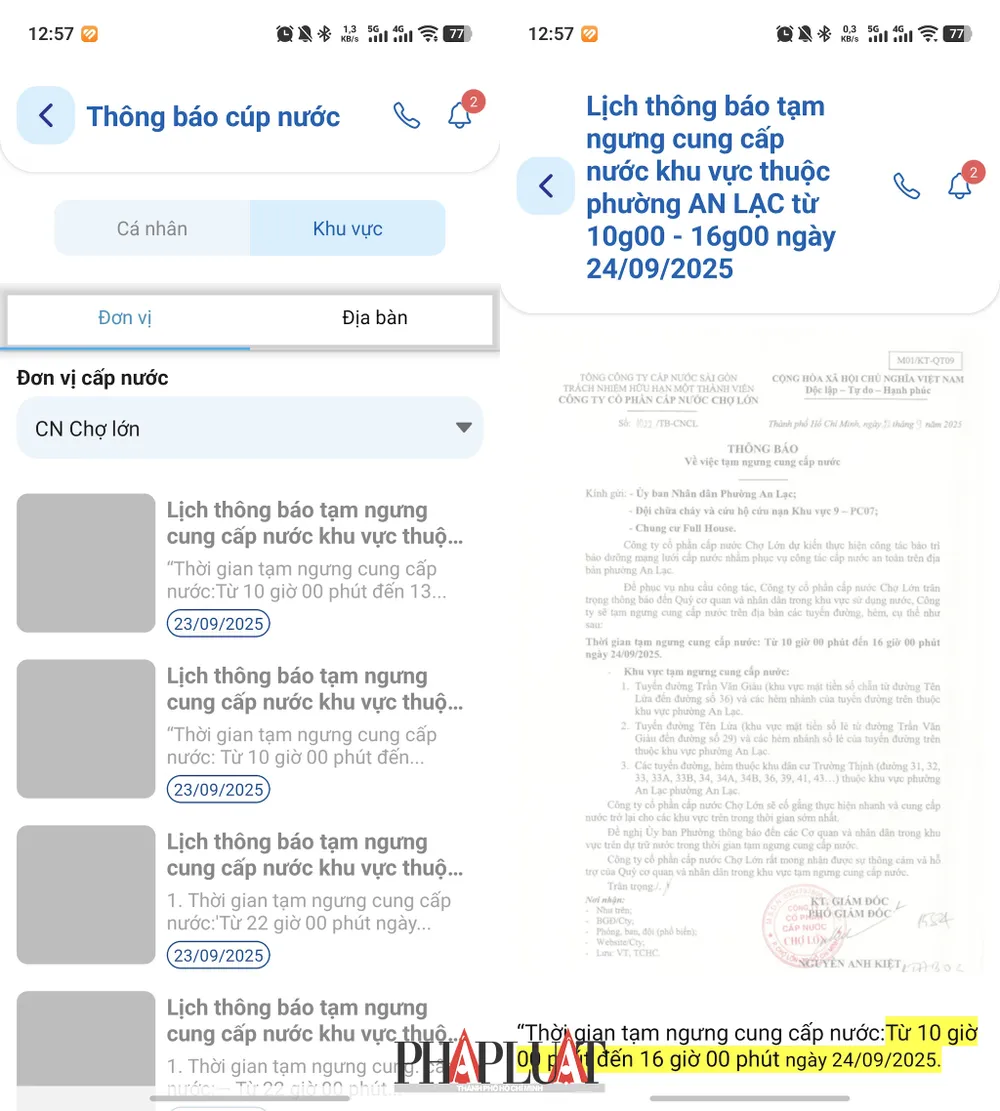 Kiểm tra lịch cúp nước theo đơn vị cung cấp hoặc địa bàn. Ảnh: MINH HOÀNG