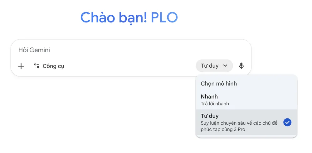 Người dùng có thể chọn Gemini 3 bằng cách bật mô hình Tư duy. Ảnh: TIỂU MINH
