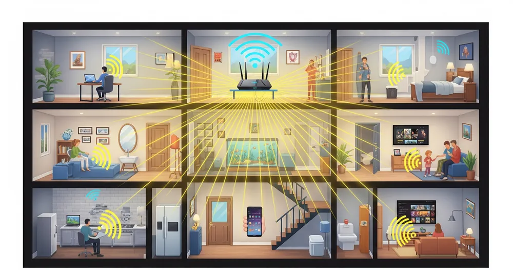 Vị trí lý tưởng để đặt router WiFi thường là trung tâm ngôi nhà.