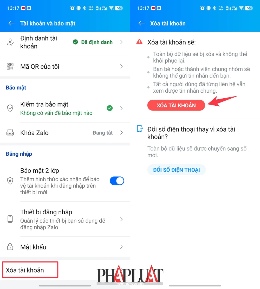 Xóa tài khoản Zalo trên điện thoại. Ảnh: MINH HOÀNG