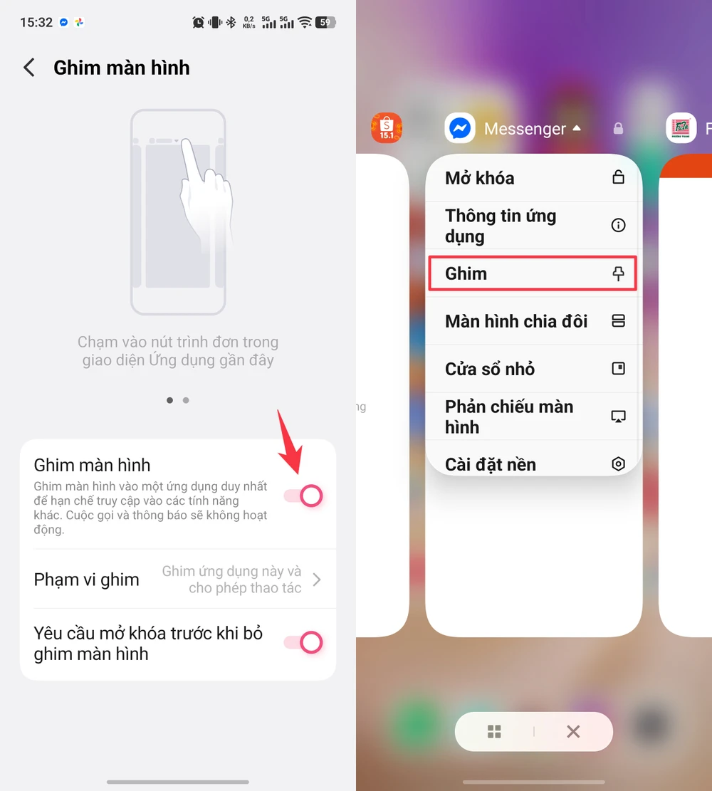 Cách ghim ứng dụng trên Android để hạn chế người khác mở ứng dụng khác. Ảnh: MINH HOÀNG