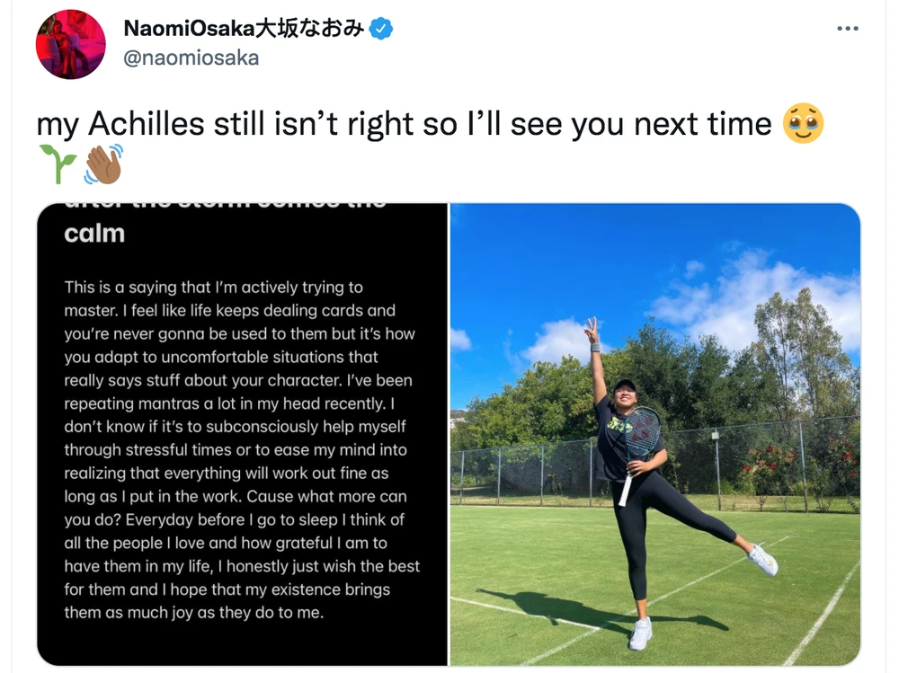 Tay vợt người Nhật Bản thông báo chấn thương trên trang cá nhân. Ảnh: CMH