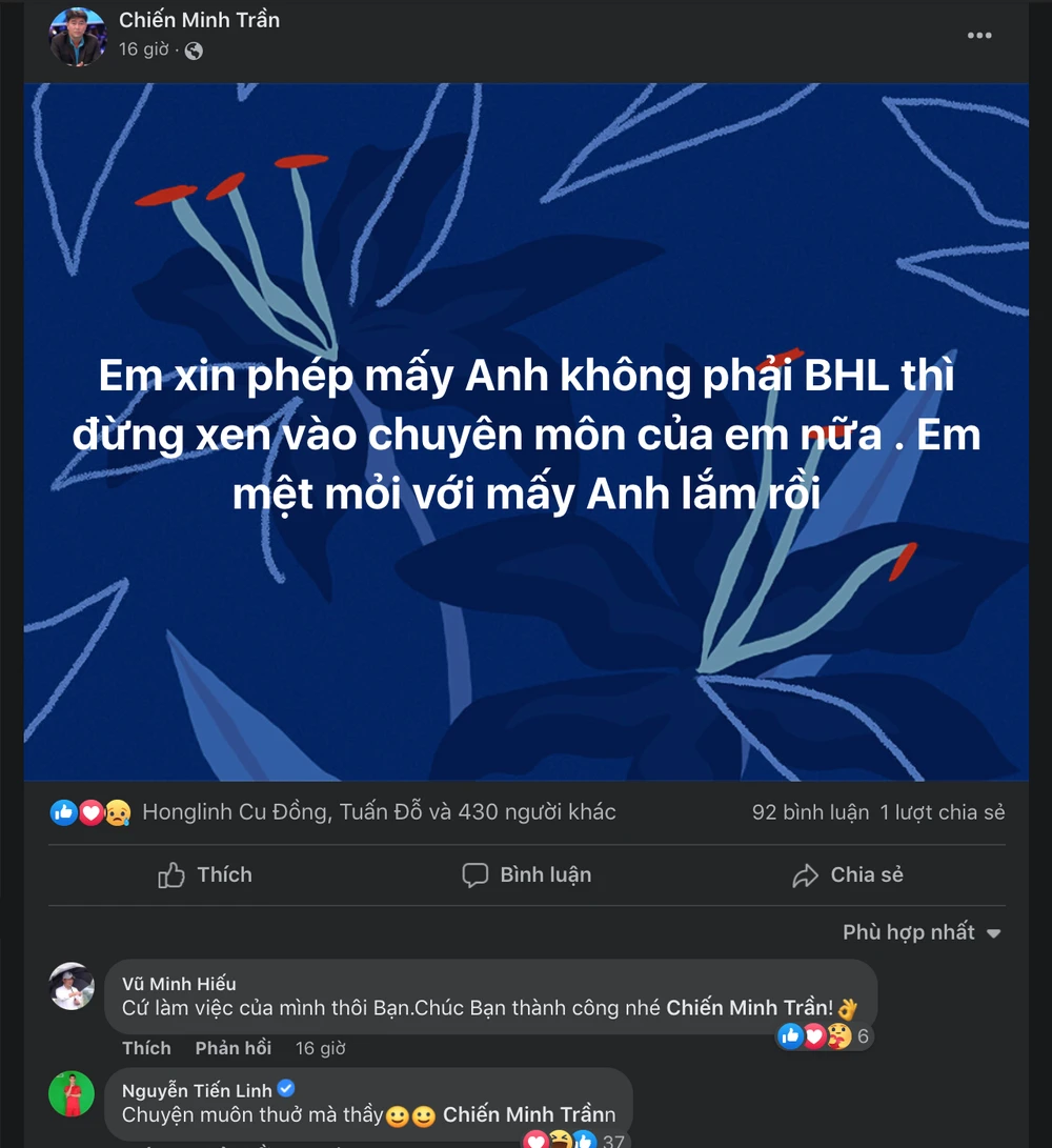 Bức xúc HLV Minh Chiến và bình luận của tiền đạo Tiến Linh. Ảnh: CMH