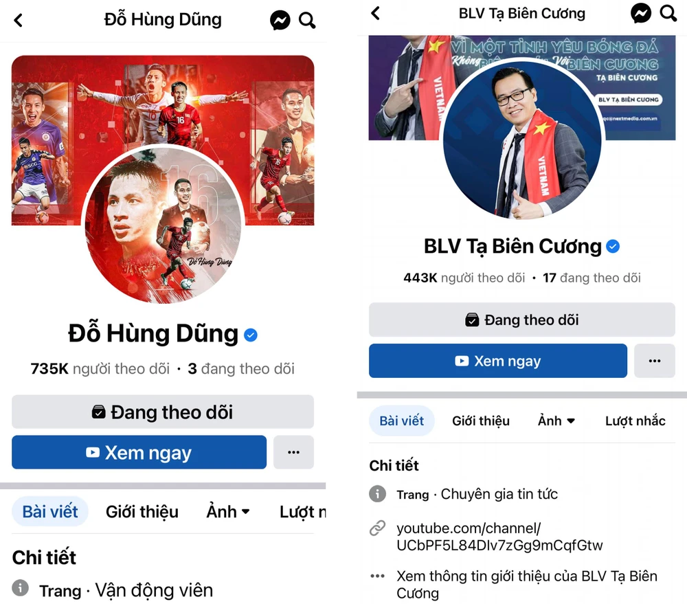 Lỗi hiện thị follow không xảy ra với fanpages của Đỗ Hùng Dũng hay BLV Tạ Biên Cương.