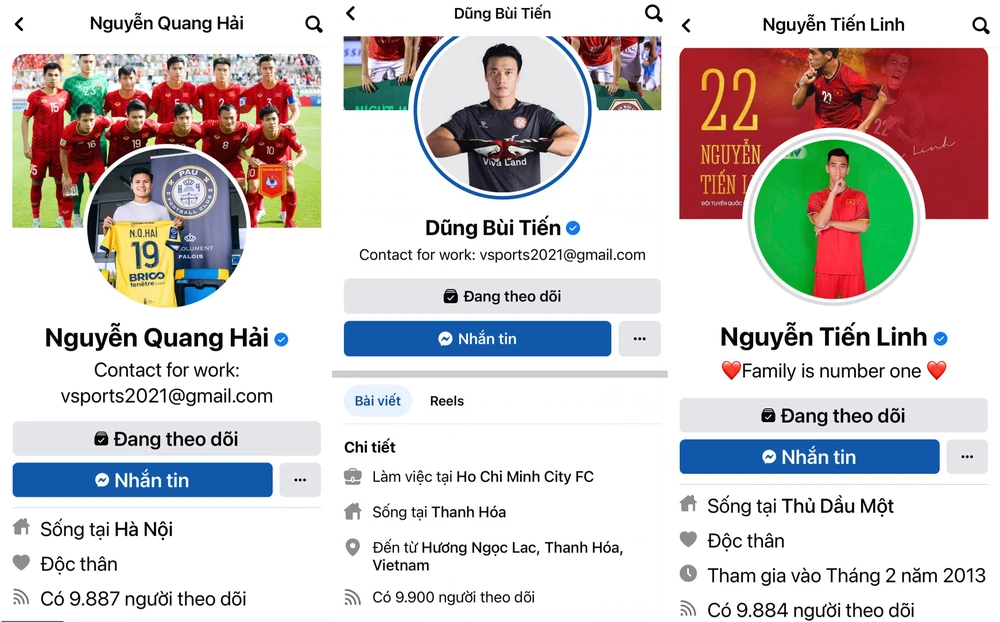Facebook cá nhân của Quang Hải, thủ môn Tiến Dũng, tiền đạo Tiến Linh giảm mạnh lượt người theo dõi. Ảnh: CMQ