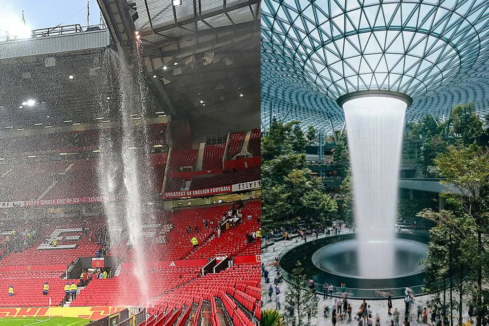 Mái vòm sân Old Trafford bị dột được truyền thông quốc tế ví với thác nước nhân tạo tại sân bay Changi. Thác nước Old Trafford