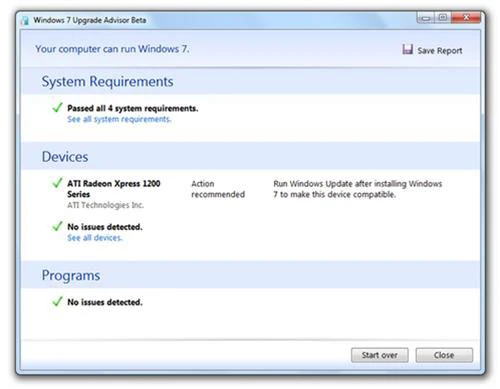 Thông báo kết quả kiểm tra mức độ tương thích từ Windows 7 Upgrade Advisor