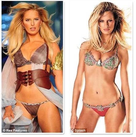 Karolina trong buổi biểu diễn thời trang của hãng Victoria's Secret ở Miami (trái) và hình ảnh cô trên các tạp chí khi được các nhiếp ảnh gia dùng kỹ thuật chỉnh sửa "thêm" lỗ rốn. Ảnh: Rex, Splash.