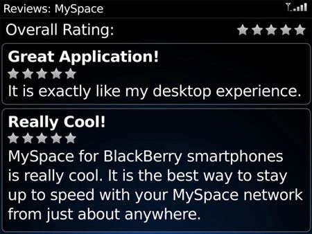 Như các kho phần mềm khác, App World cho phép người dùng xếp hạng và đánh giá ứng dụng.