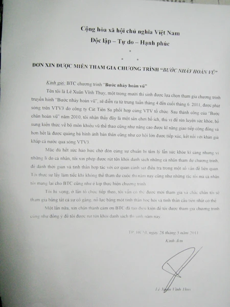 Siêu mẫu Vĩnh Thụy viết đơn xin rút khỏi Bước nhảy hoàn vũ ảnh 1 Siêu mẫu Vĩnh Thụy viết đơn xin rút khỏi Bước nhảy hoàn vũ ảnh 1