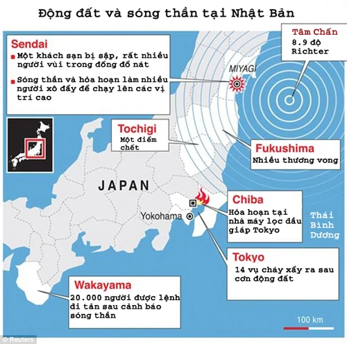 Bản đồ biểu thị trận động đất tại Nhật Bản