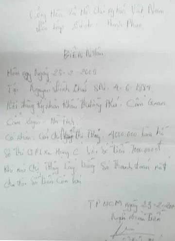 Anh Khánh đang cất giữ biên nhận của anh Thái về việc đã nhận bốn triệu đồng.